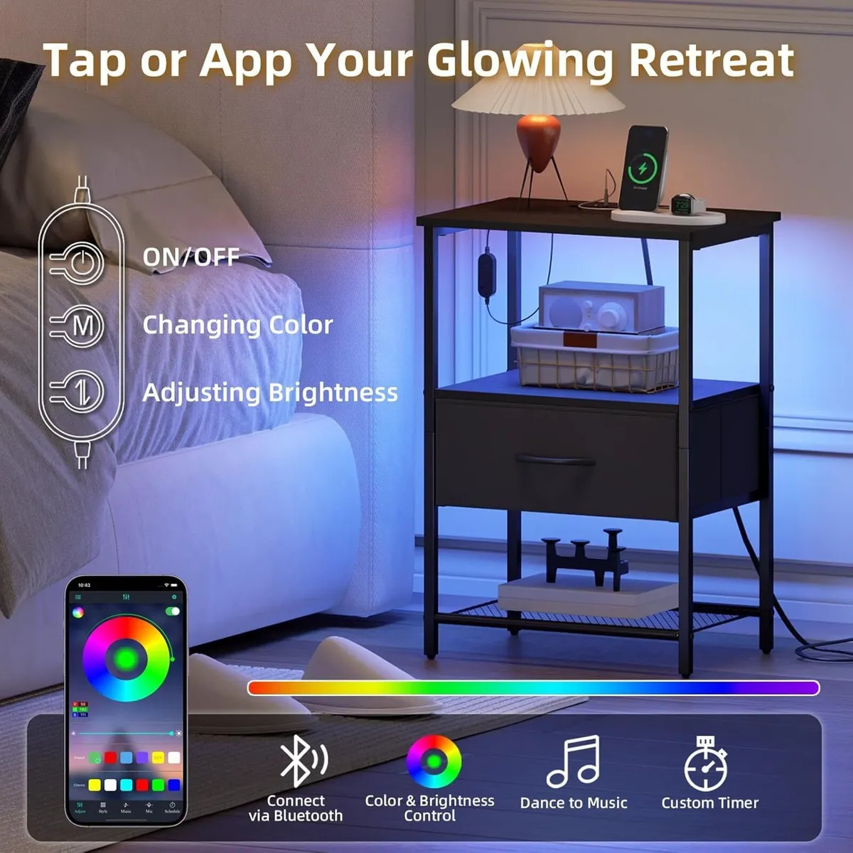 Bedside Table Charging Station LED 2 Drawers (Set - Image 4