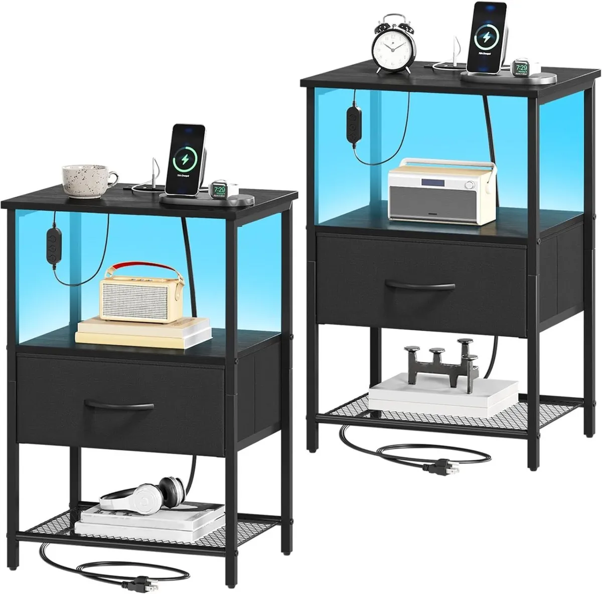 Bedside Table Charging Station LED 2 Drawers (Set - Image 1