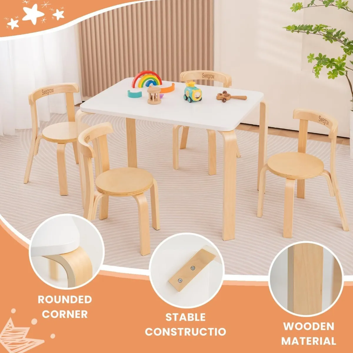 Kids Table and 4 Chairs Set Wooden - Image 4