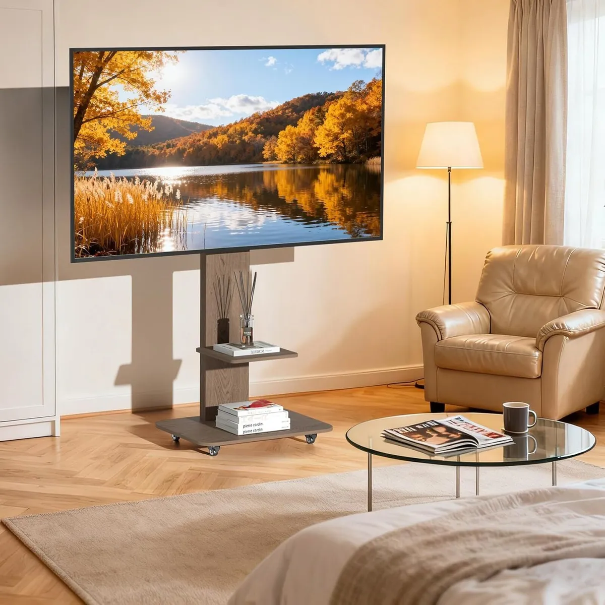 Floor TV Stand with Wheels Wood Shelves 40-75 - Image 2