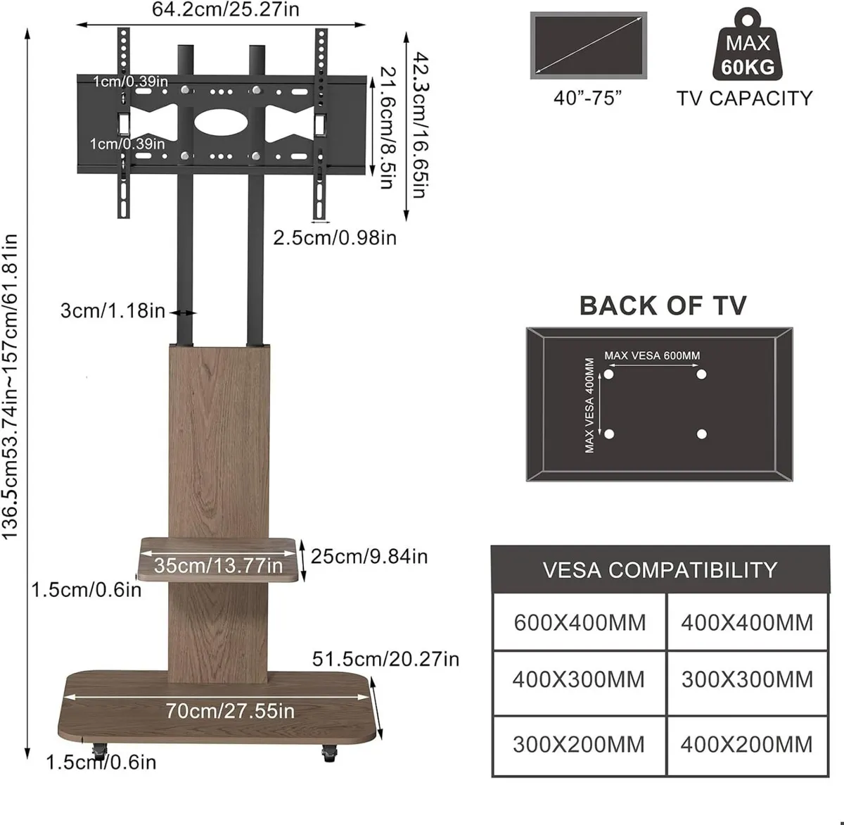 Floor TV Stand with Wheels Wood Shelves 40-75 - Image 3