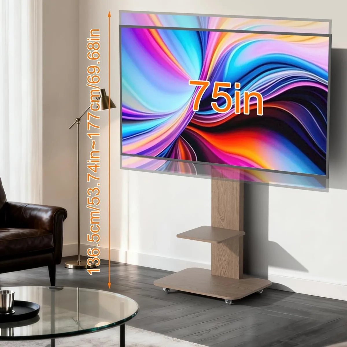 Floor TV Stand with Wheels Wood Shelves 40-75 - Image 4