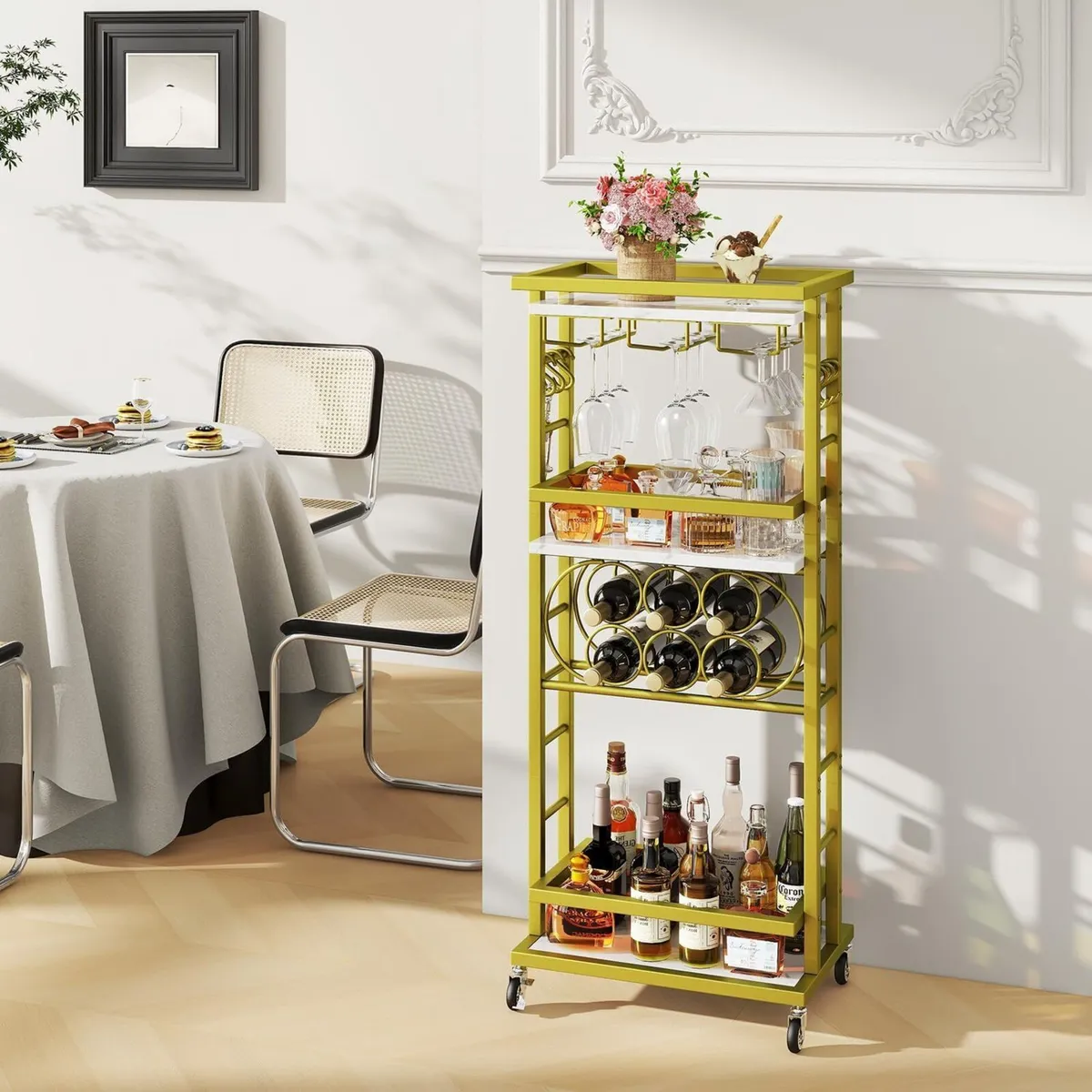 4-Tier Wine Rack with Wheels Bar Cart - Image 2