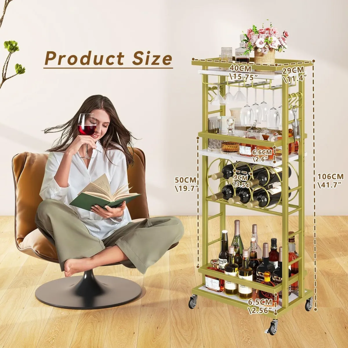 4-Tier Wine Rack with Wheels Bar Cart - Image 4