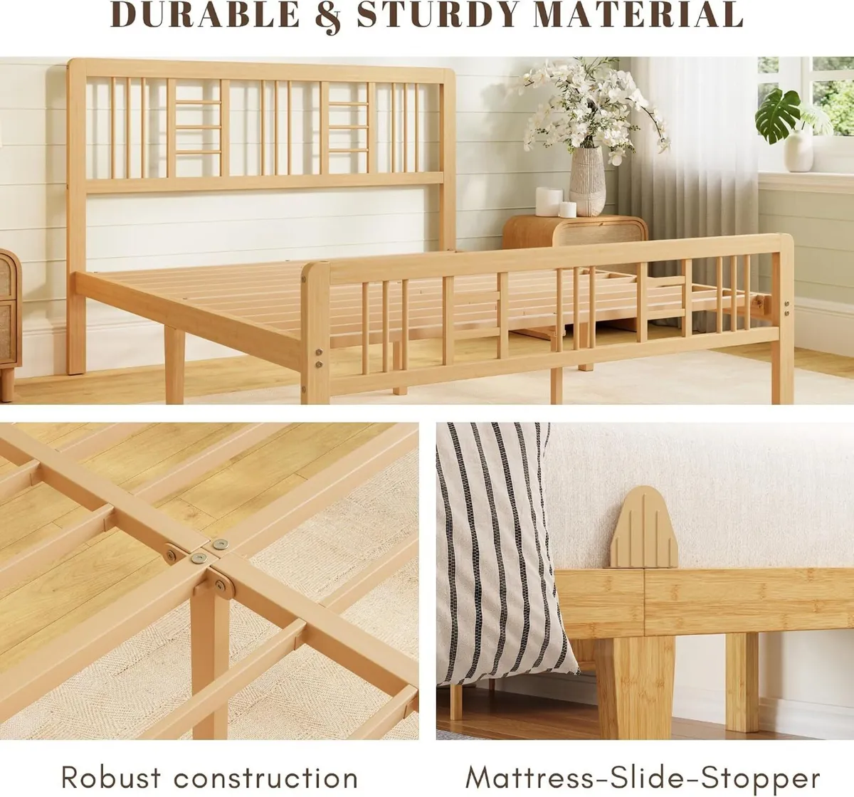 Wooden Bed Frame with Headboard Bamboo Wood Frames - Image 4