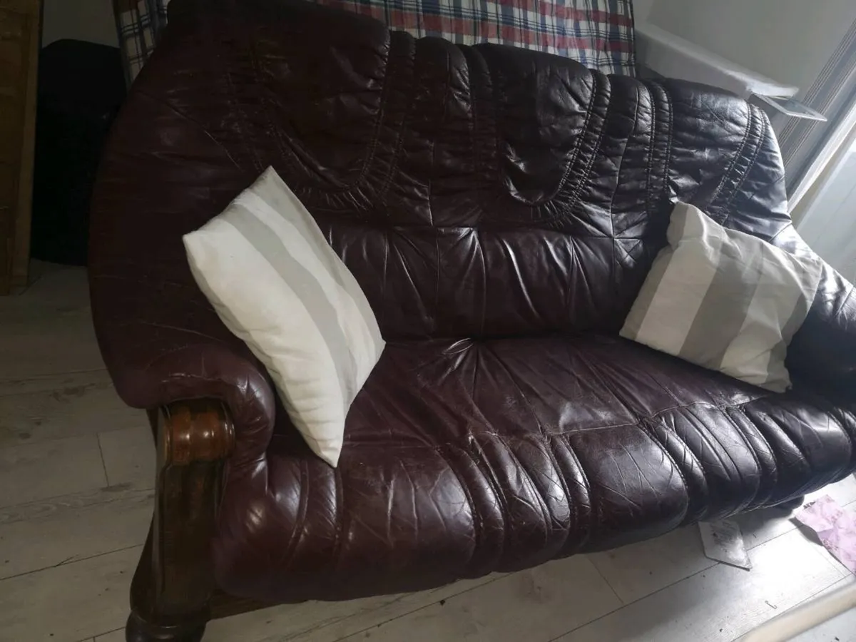 Burgundy Genuine Leather & Oak 3 Seater Couch