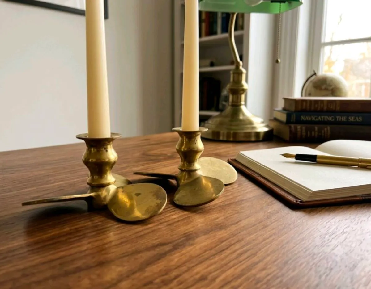 Vintage solid Brass propeller Candlestick holders - Image 1