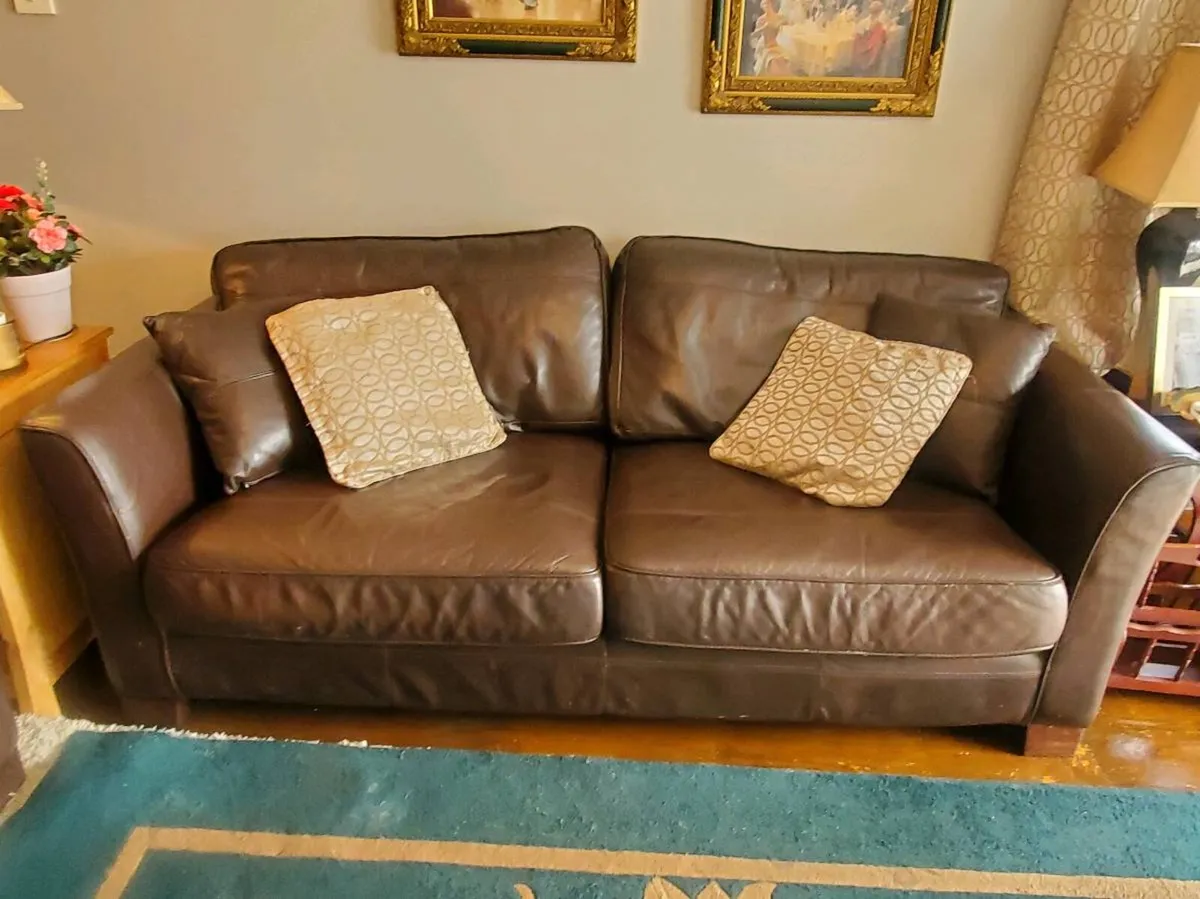 Brown Leather Sofa Set x 3 and 2 Seater - Image 2