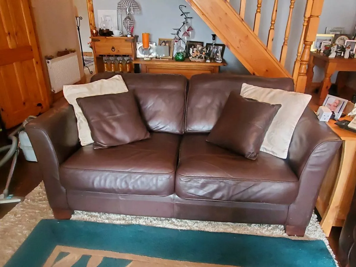 Brown Leather Sofa Set x 3 and 2 Seater - Image 3