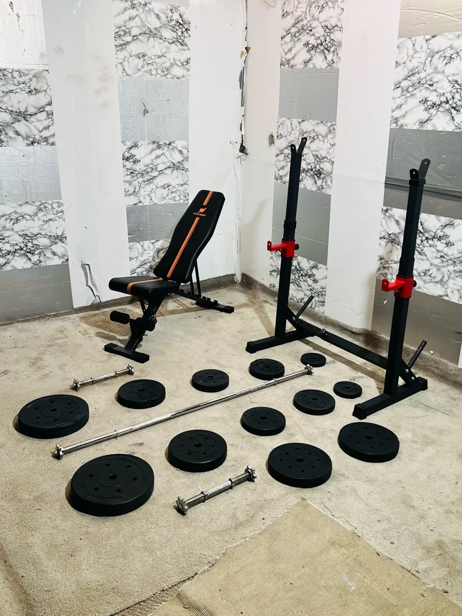 PERFECT HOME WORKOUT SET WEIGHTS BARS BENCH RACK - Image 1