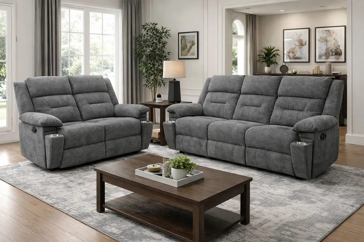 3+2 Montana Grey & Beige Fabric Recliner Sofa Set - Image 1