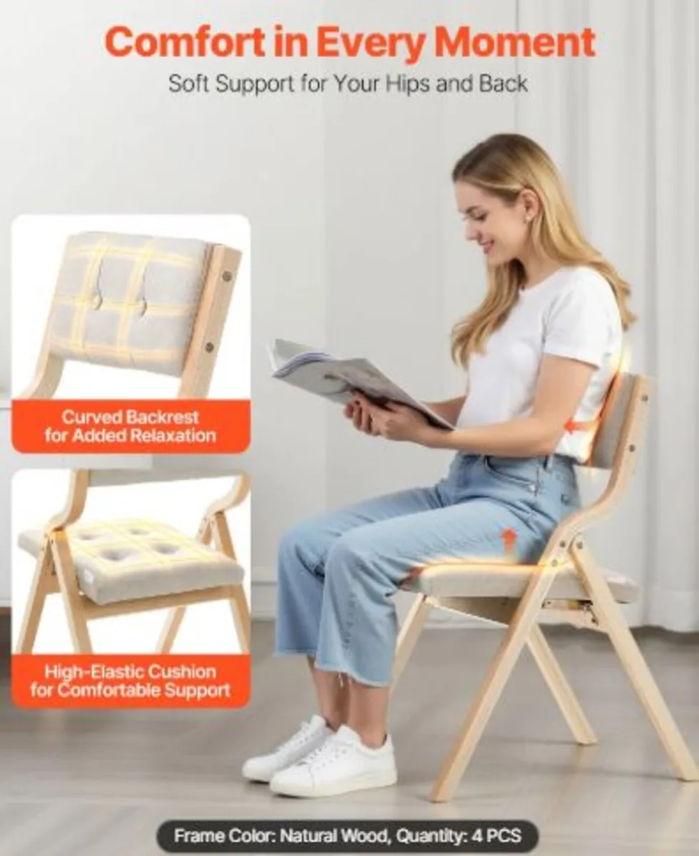 Wooden Folding Chairs with Cushion, Set of 4, - Image 2
