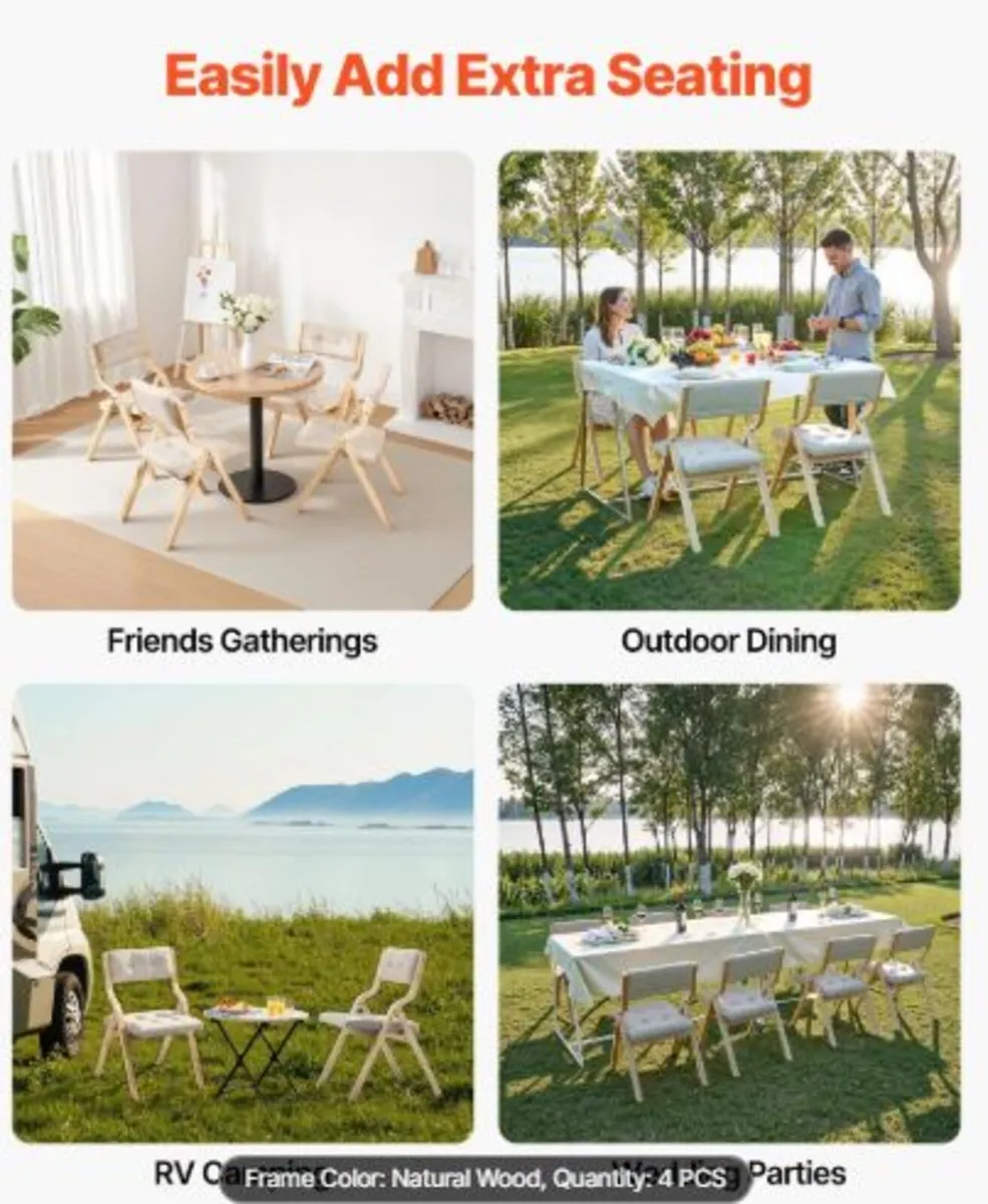 Wooden Folding Chairs with Cushion, Set of 4, - Image 3