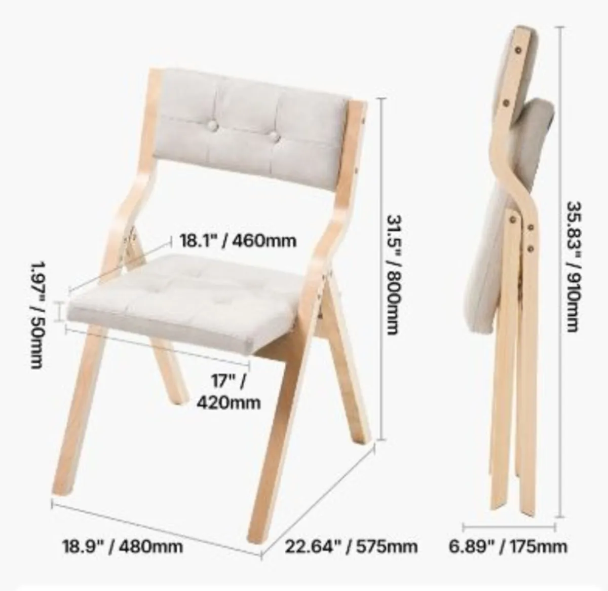 Wooden Folding Chairs with Cushion, Set of 4, - Image 4