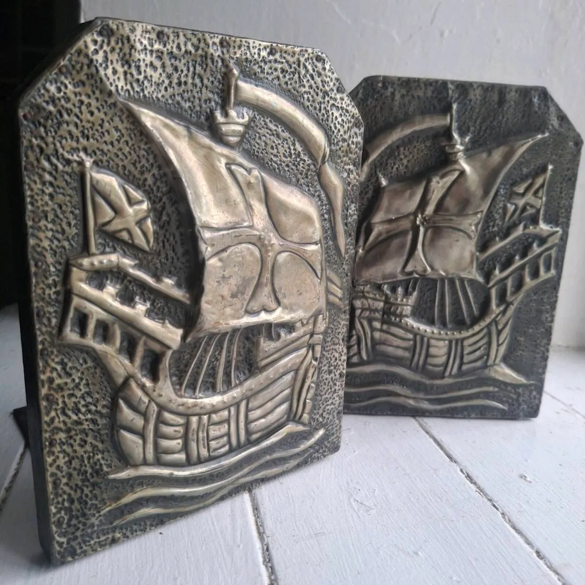 Arts & Crafts Repoussé Galleon Ship Bookends - Image 1