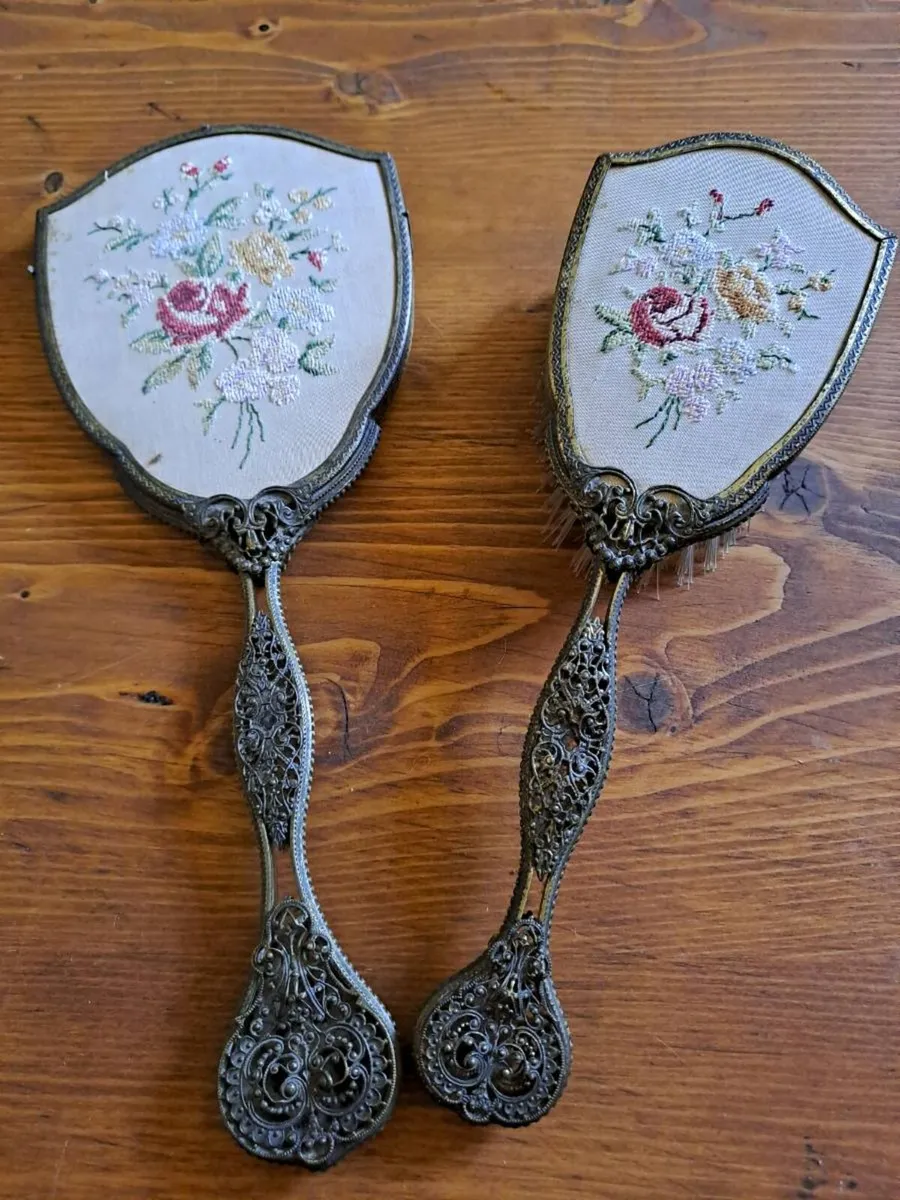 Vintage tappestry backed brush and mirror - Image 1