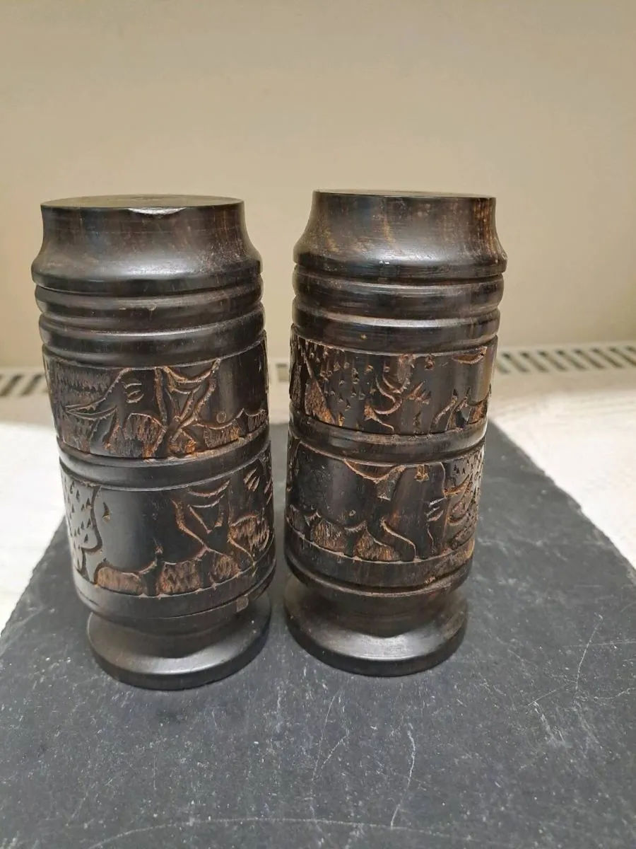 Vintage Hand Carved Hardwood Salt Pepper Shakers - Image 1