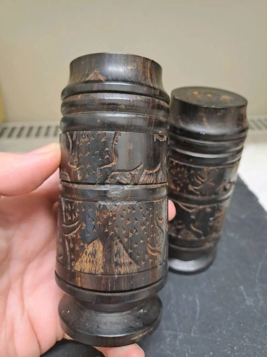 Vintage Hand Carved Hardwood Salt Pepper Shakers - Image 2