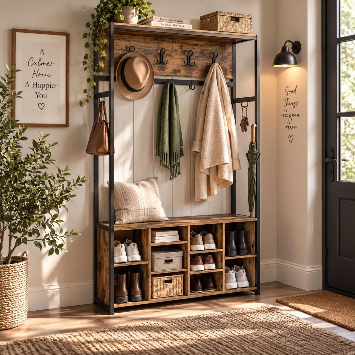 Industrial Coat Rack with Shoe Bench, Storage - Image 1