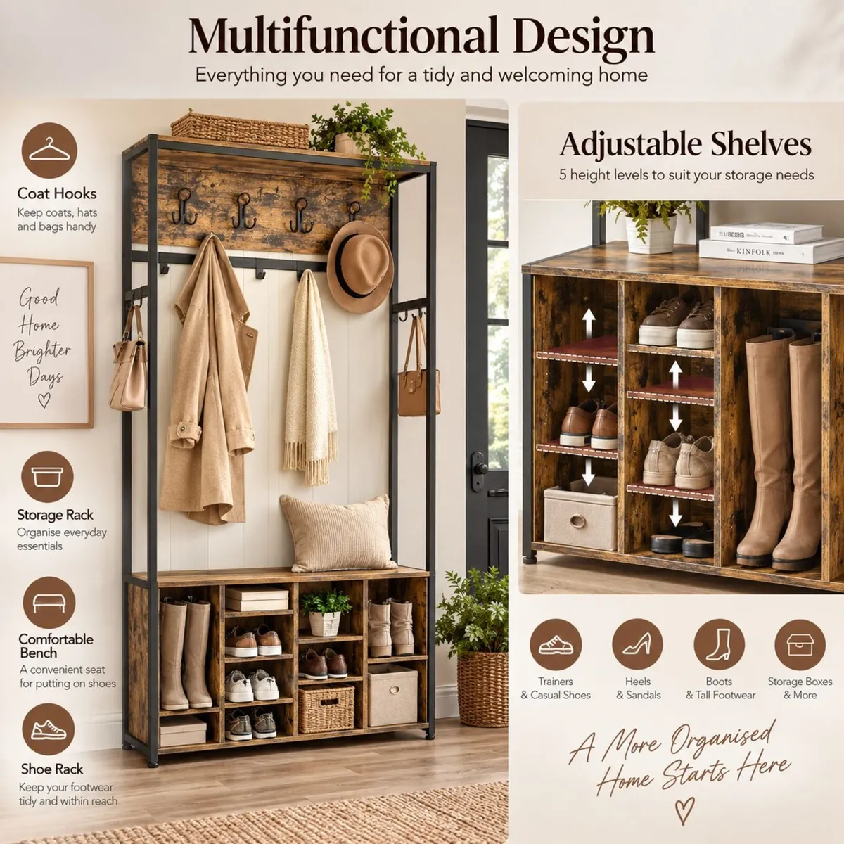 Industrial Coat Rack with Shoe Bench, Storage Shel - Image 2