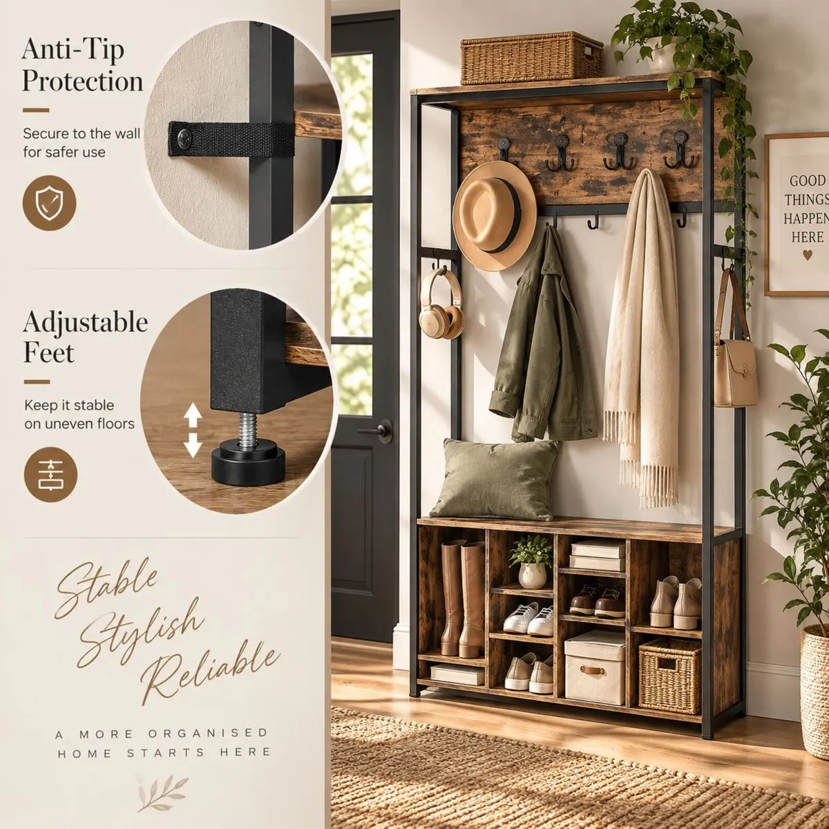 Industrial Coat Rack with Shoe Bench, Storage Shel - Image 3