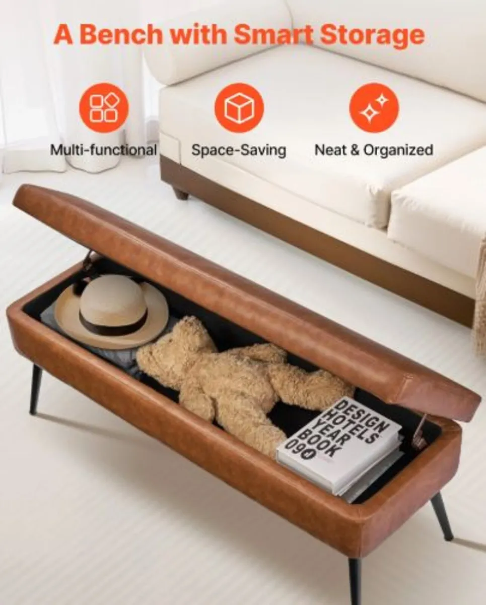 Leather Storage Ottoman Bench, PU Leather Bench - Image 3