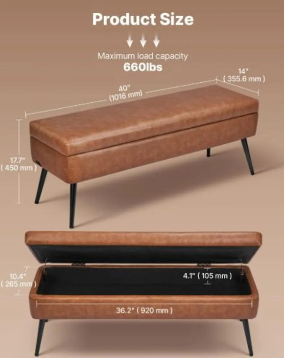 Leather Storage Ottoman Bench, PU Leather Bench - Image 2
