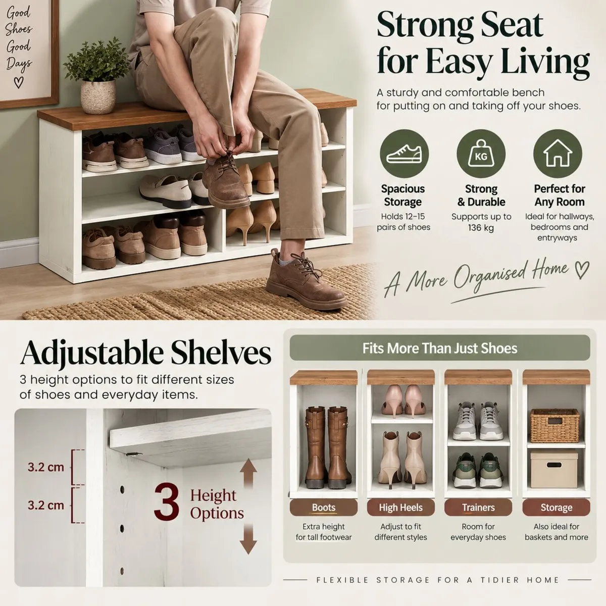 Shoe Storage Bench 12–15 Pairs of Shoes - Image 2
