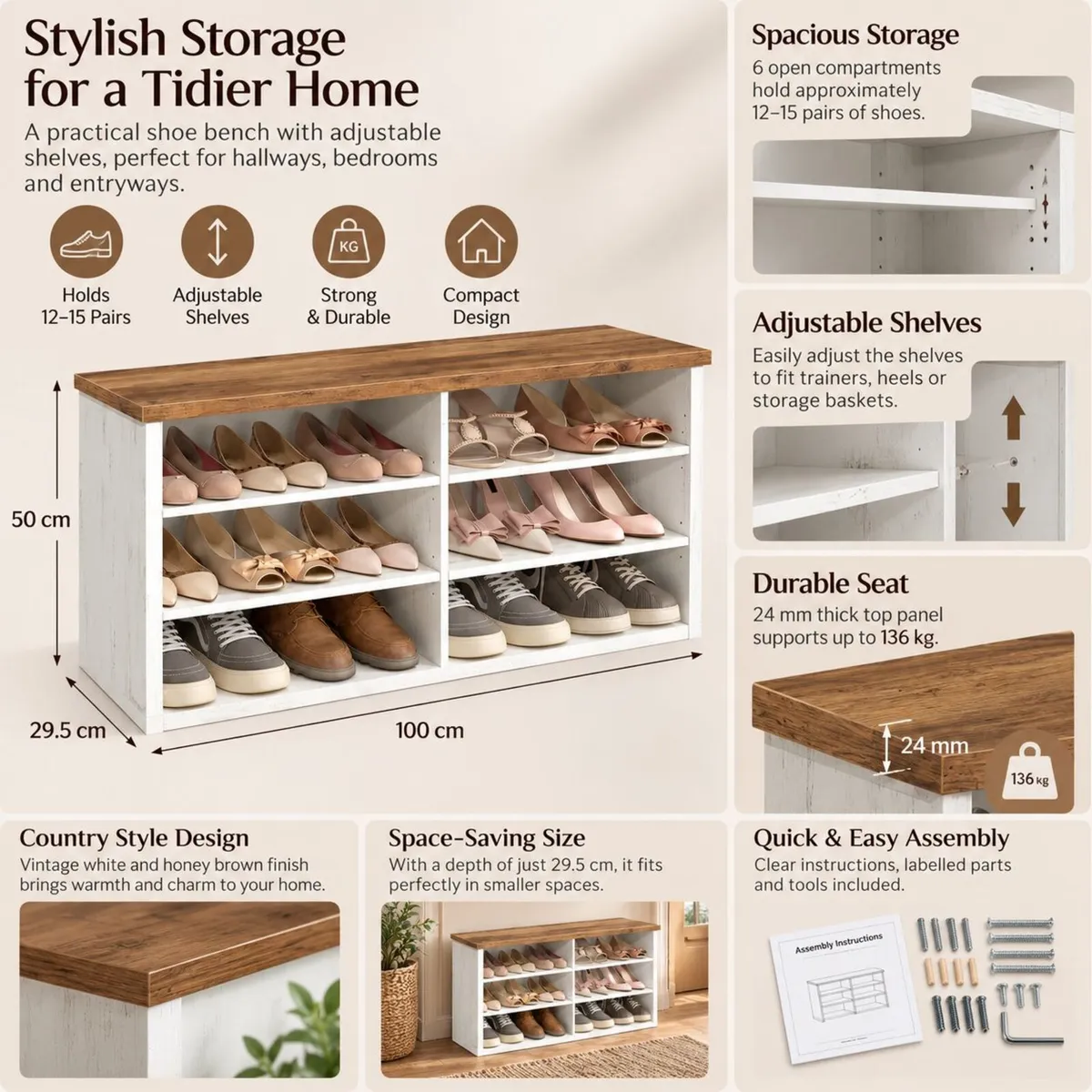 Shoe Storage Bench 12–15 Pairs of Shoes - Image 3