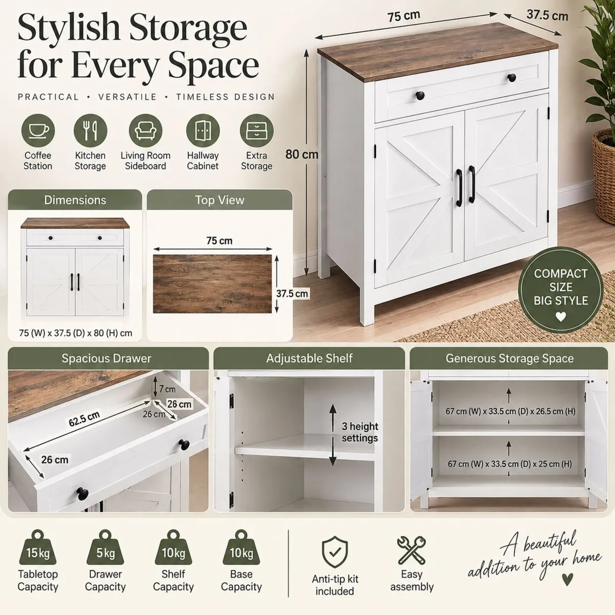 Farmhouse Sideboard Cabinet with Drawer & 2 Barn D - Image 2