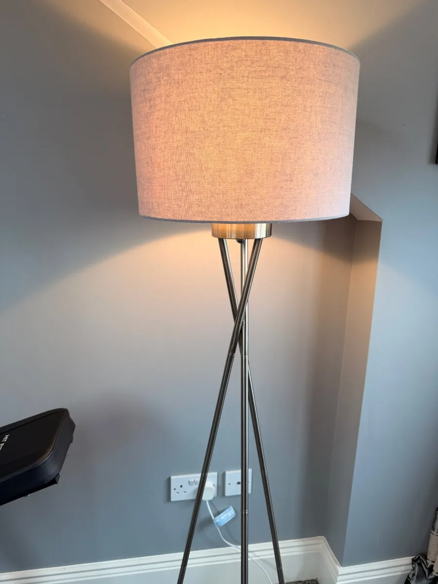 Tall silver criss cross lamp with grey shade - Image 2