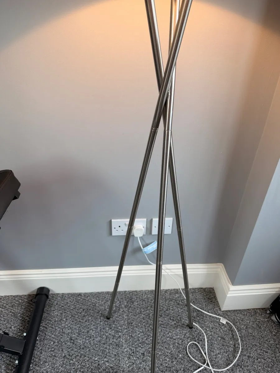 Tall silver criss cross lamp with grey shade - Image 3