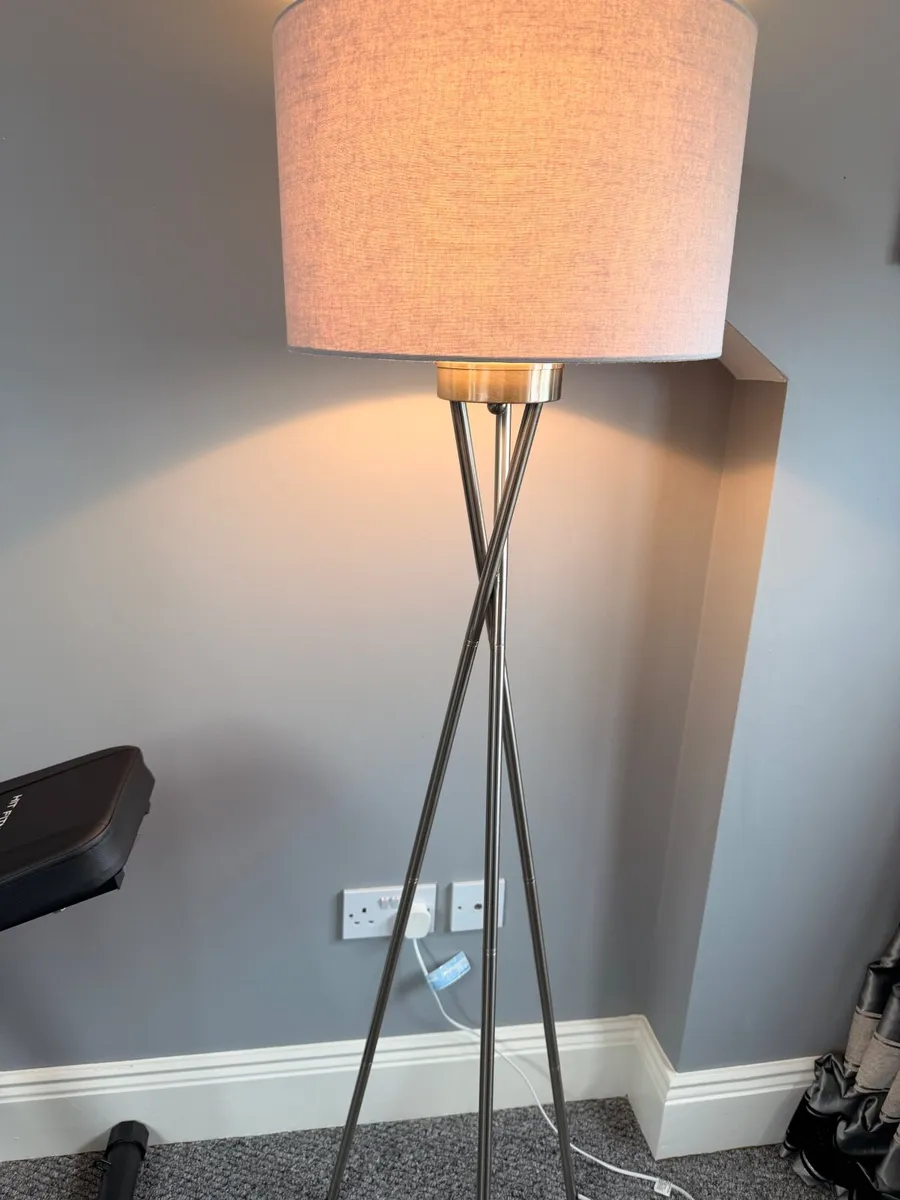 Tall silver criss cross lamp with grey shade - Image 1