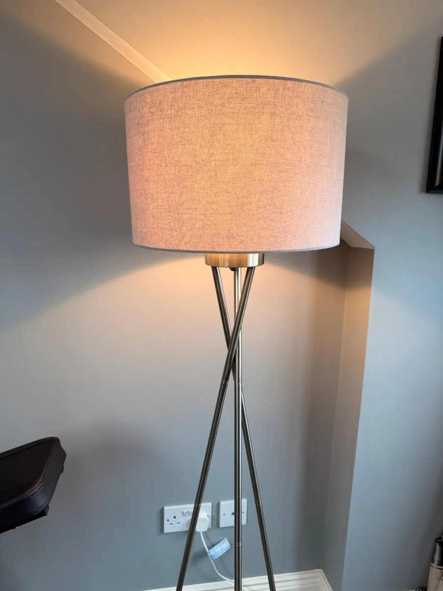 Tall silver criss cross lamp with grey shade - Image 4