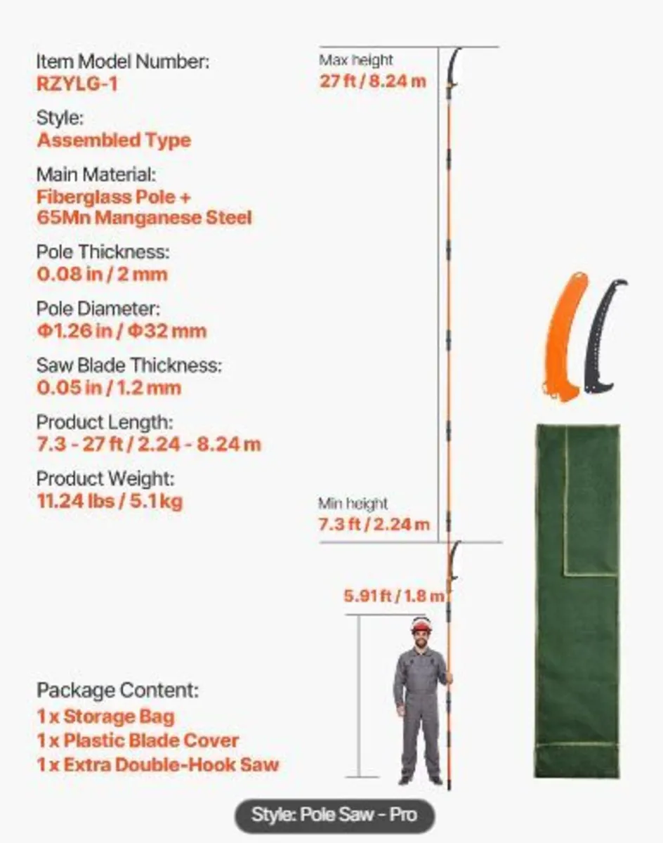 Manual Pole Saw, 2.2 - 8.2 m Extendable Tree Prune - Image 2