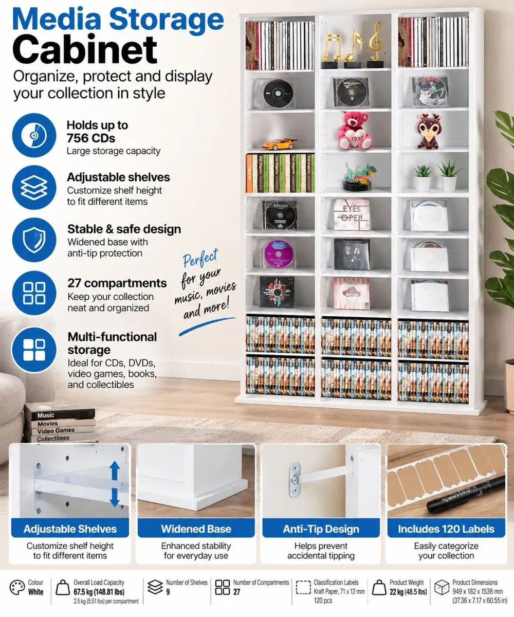 Media Storage Cabinet with Adjustable Shelves 27 C - Image 4