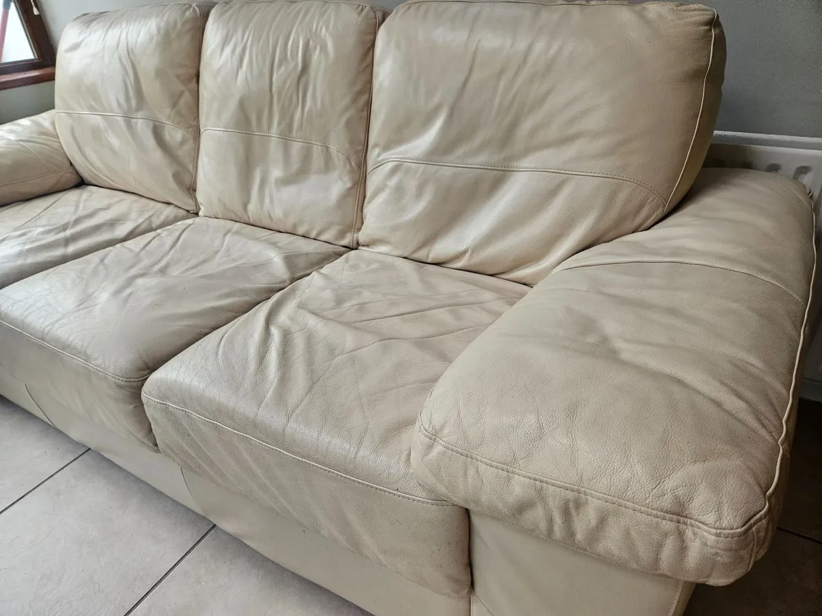 Cream leather 3 seater sofa - Image 1