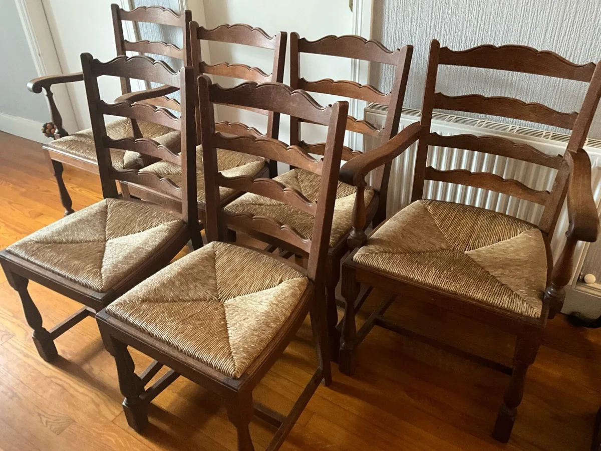 Vintage 6nOak Ladder Back Chairs with Rush Seats - Image 3