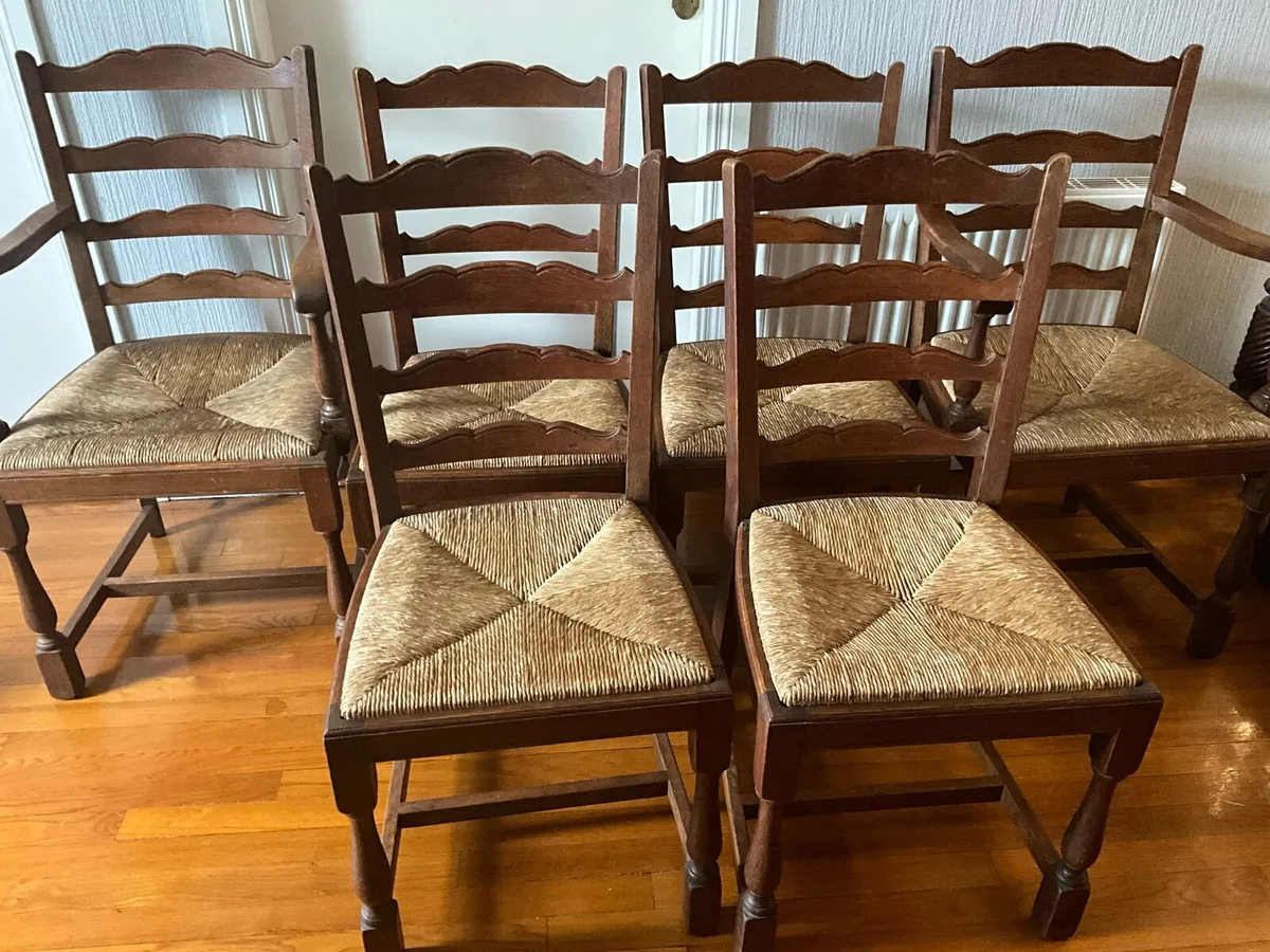 Vintage 6nOak Ladder Back Chairs with Rush Seats - Image 1