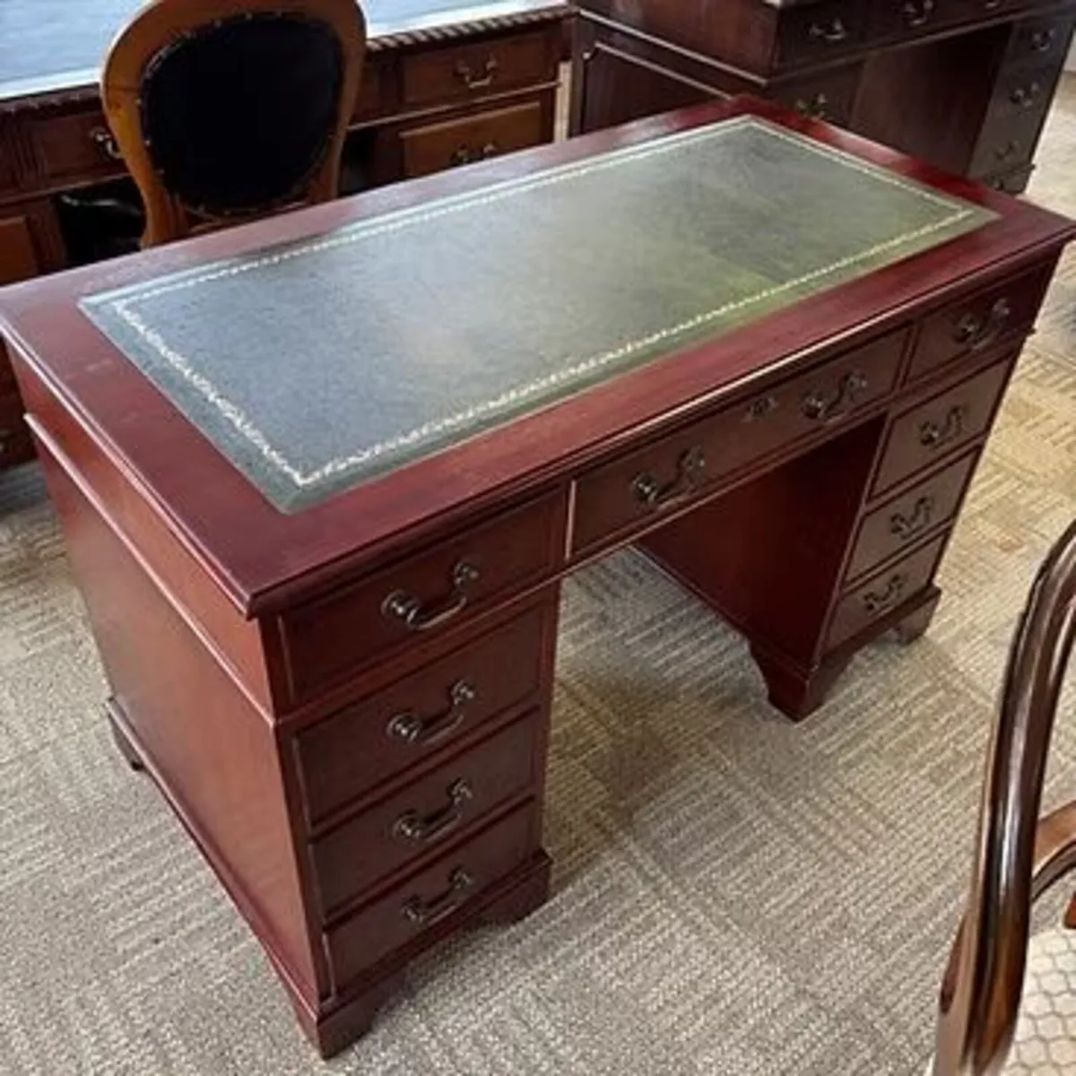 Mahogany deep green leather top twin pedestal writ