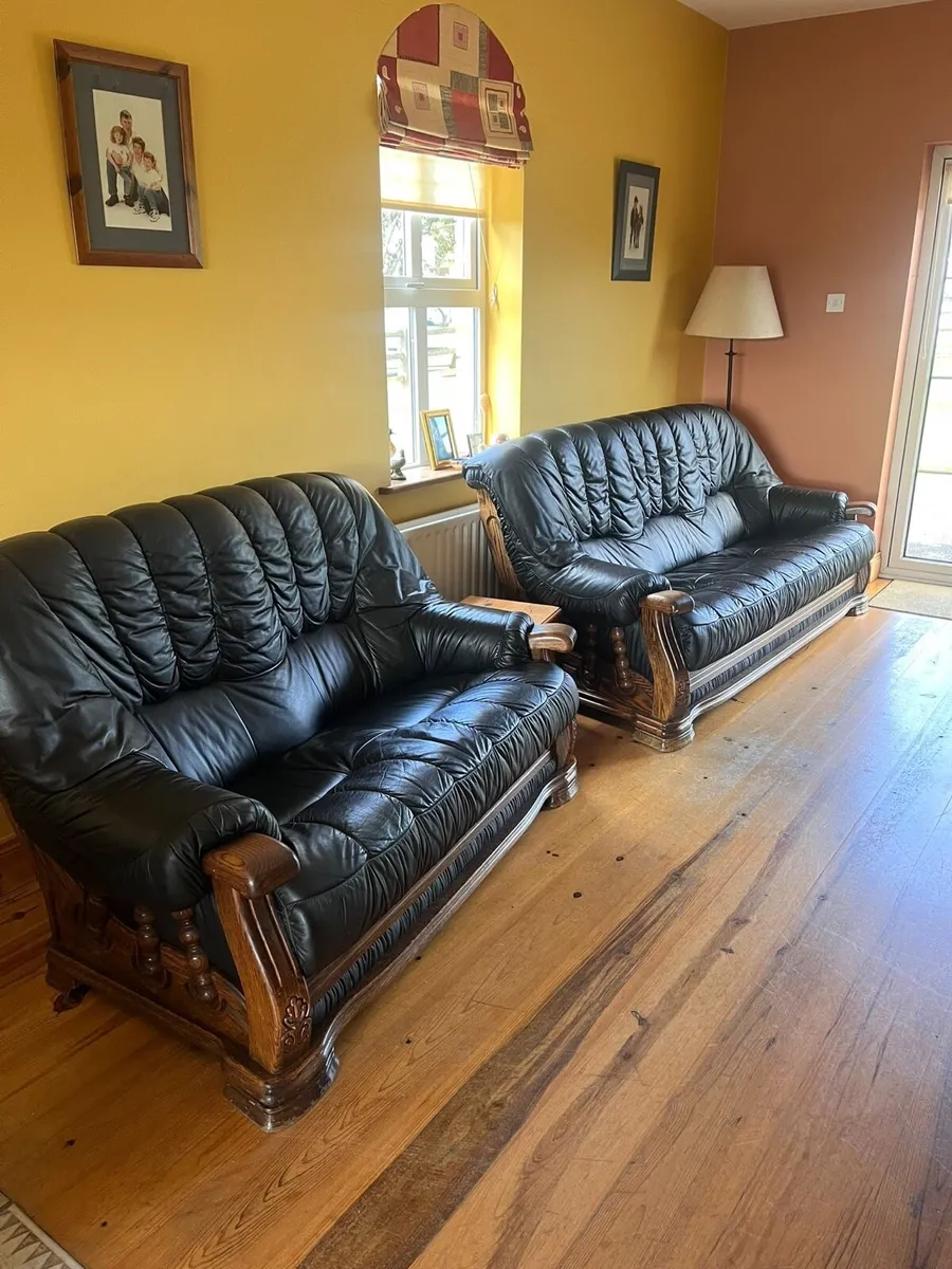 Black Leather Sofas 3 seater + 2 seater - Image 1