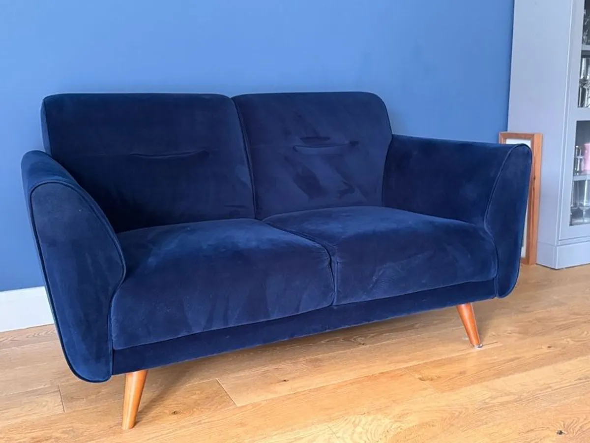 Navy velvet two seater sofa - Image 1
