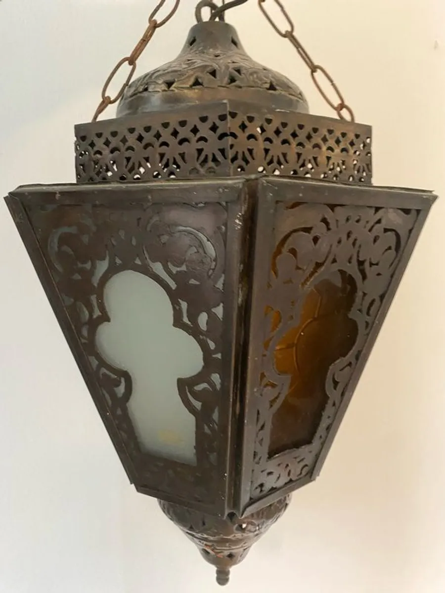 Large Vintage Moroccan Coloured Glass Hanging Lantern - Image 2