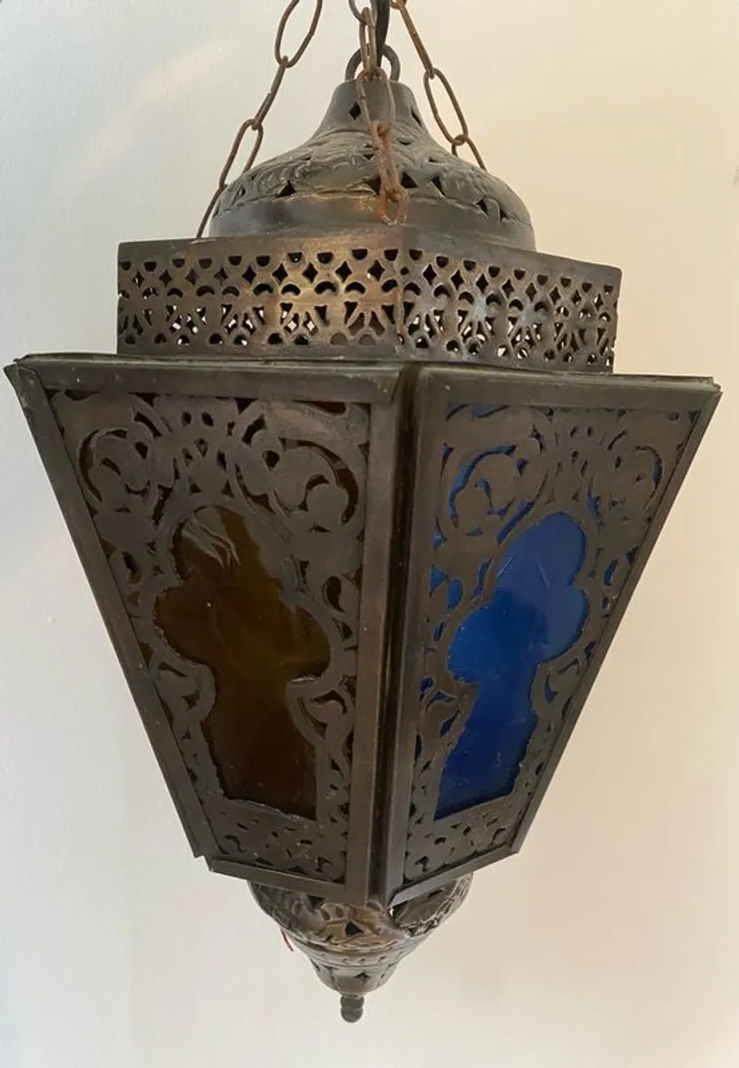 Large Vintage Moroccan Coloured Glass Hanging Lantern - Image 3