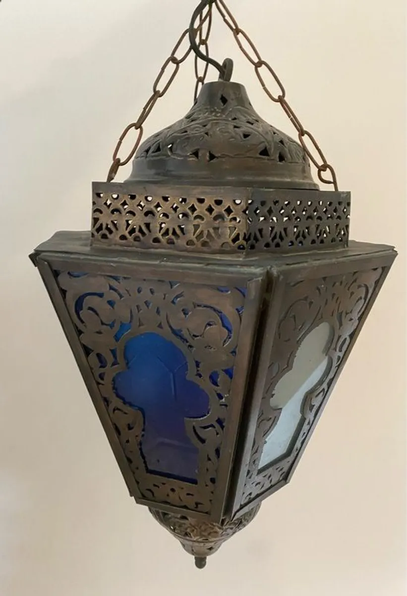 Large Vintage Moroccan Coloured Glass Hanging Lantern - Image 1