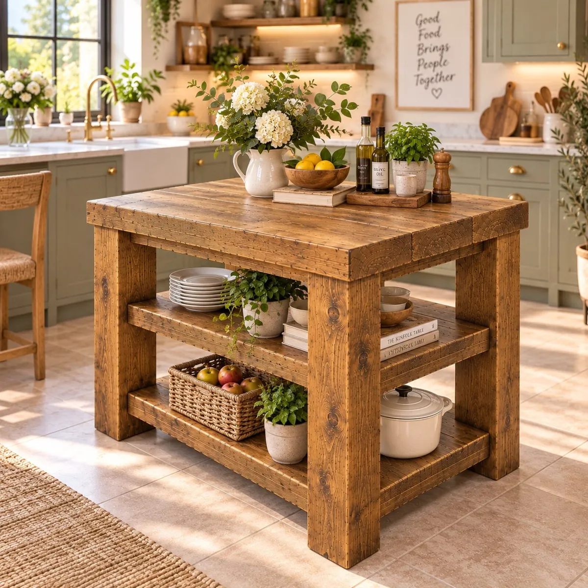 Handmade Rustic Silid Wood Kitchen Island - 900mm - Image 2