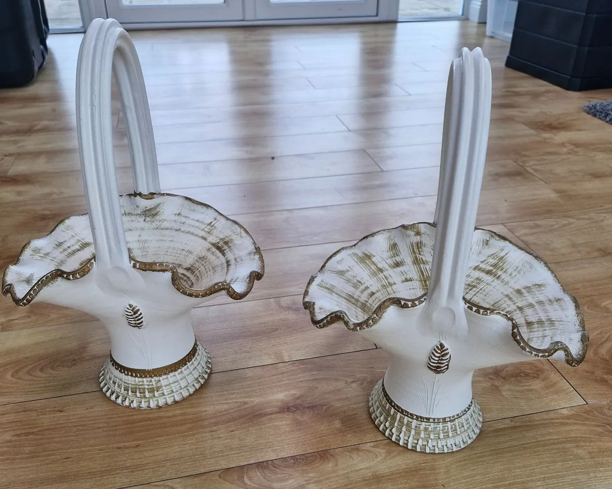 Pair of vintage ceramic shell basket vases