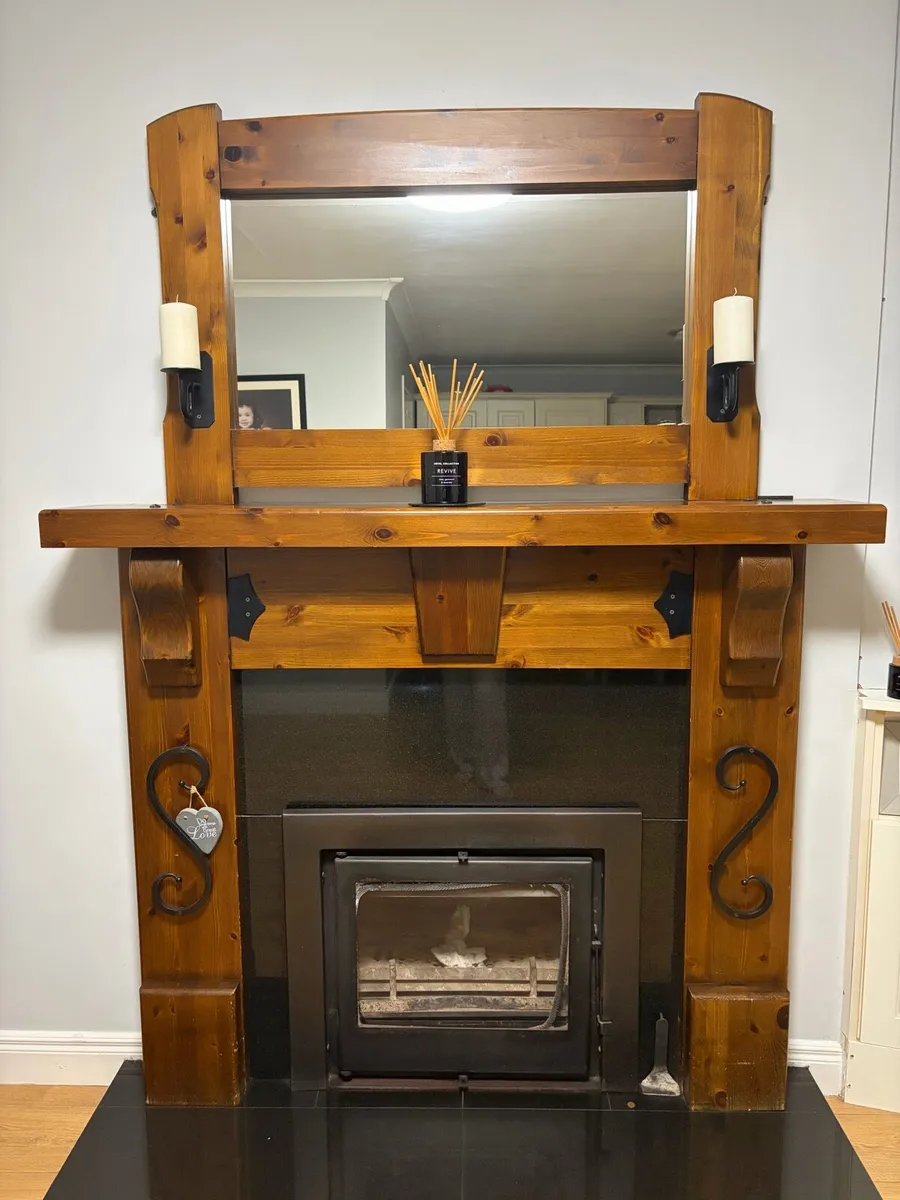 stained solid oak fire surround and mirror - Image 1