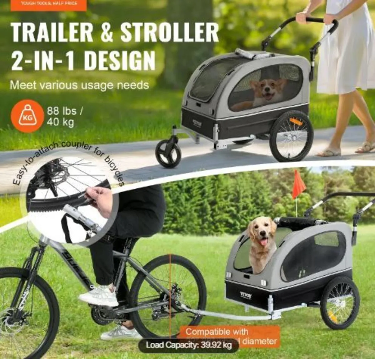 Dog Bike Trailer, Supports up to 88 lbs, 2-in-1 - Image 3