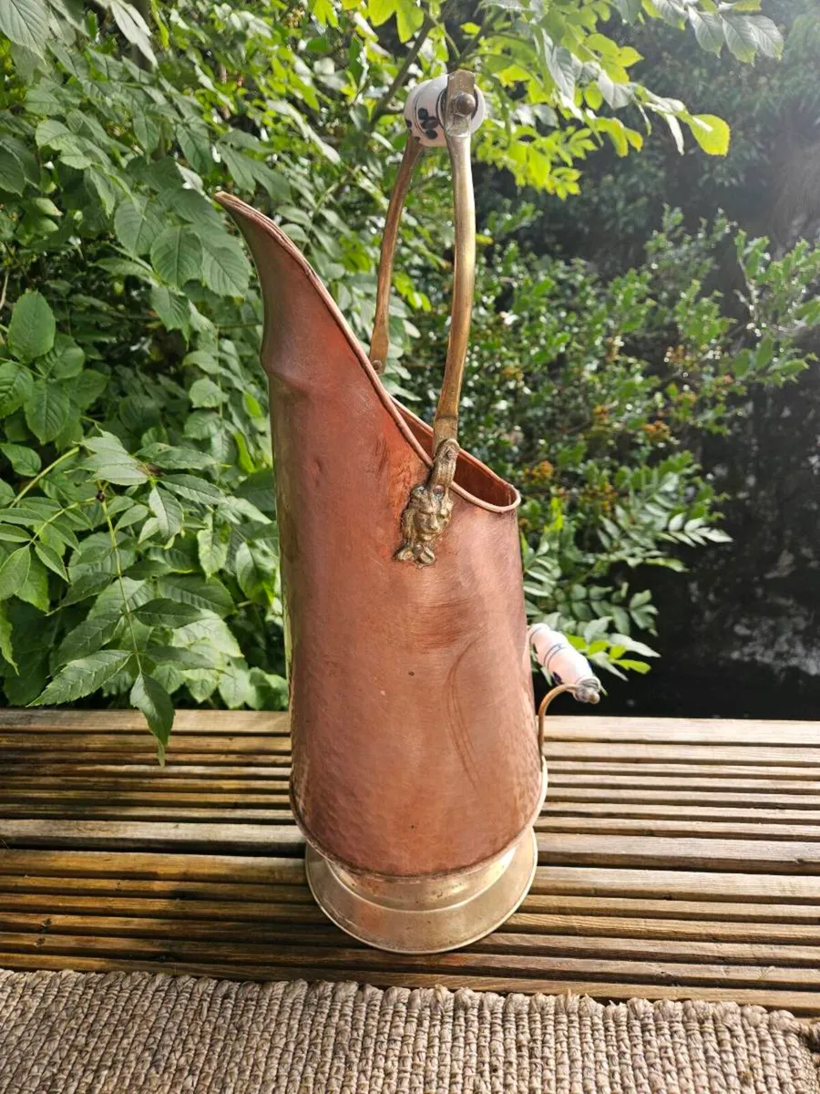 Antique Copper & Brass Coal Scuttle & Log Carrier - Image 4